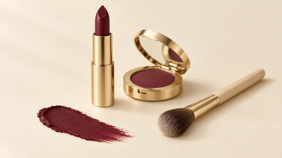 Barra de labios, colorete y brocha en tonos vino y oro