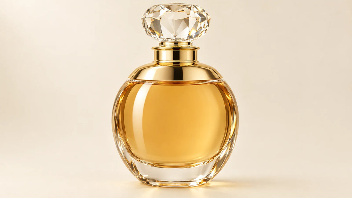 Frasco de perfume dorado sobre fondo crema